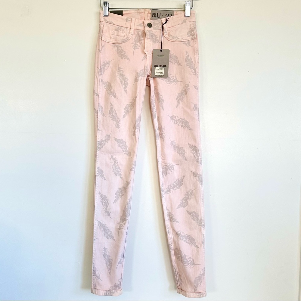 Bleu Lab 8 Pocket Pink Silver Feather Reversible Skinny Jeans Size 23 Nwt $239